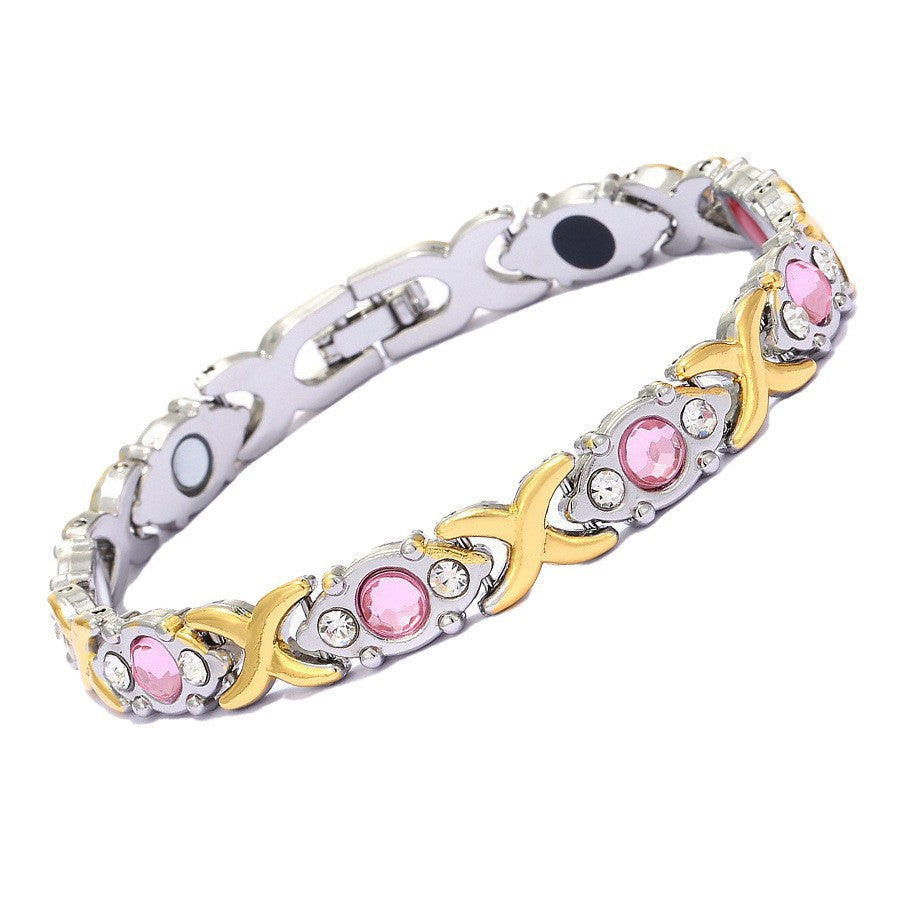 Fashionable, Light-Luxury Lucky Clover Alloy Diamond-Encrusted Single-Row Magnetic Bracelet For Women