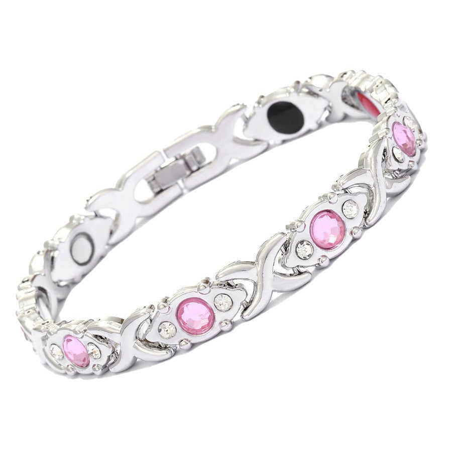 Fashionable, Light-Luxury Lucky Clover Alloy Diamond-Encrusted Single-Row Magnetic Bracelet For Women